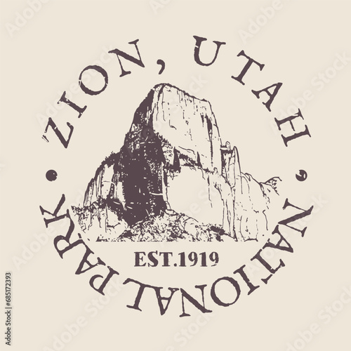Zion, National Park, USA, Silhouette Postal Passport. Stamp Round Vector Icon. Design Travel Postmark.  photo