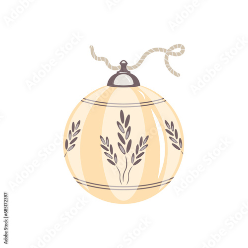 Vector illustration of Christmas tree toy. Isolated glass decorated with plant pattern, spikelets, leaves decorative design element. Christmas trinkets and decorations.