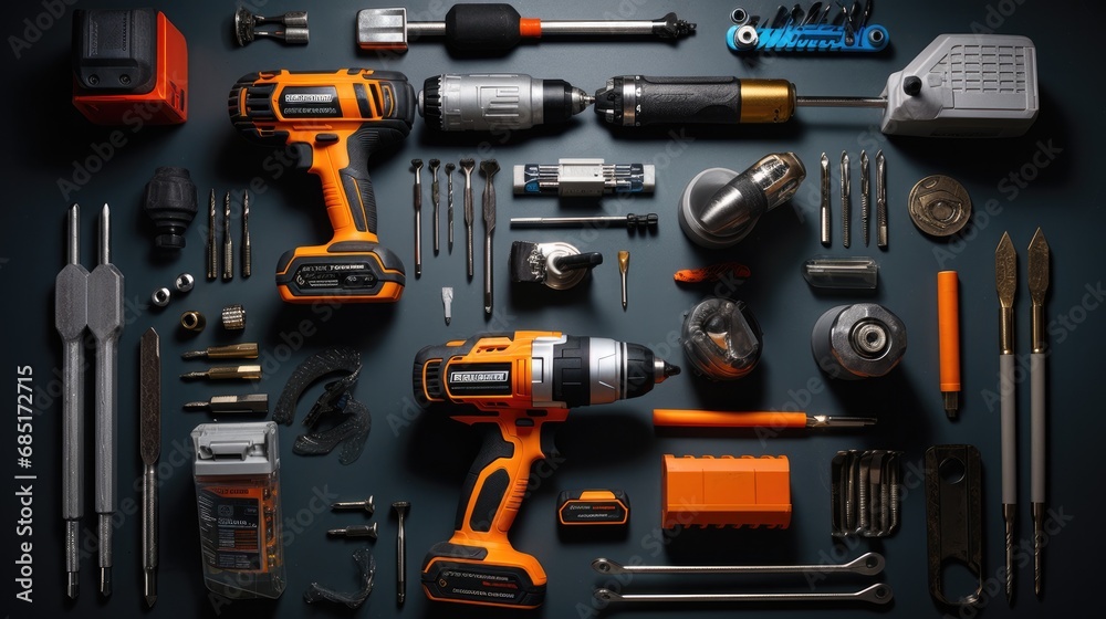 flat lay of engineer mechanic power tools on the table flat lay of engineer mechanic power tools on the table