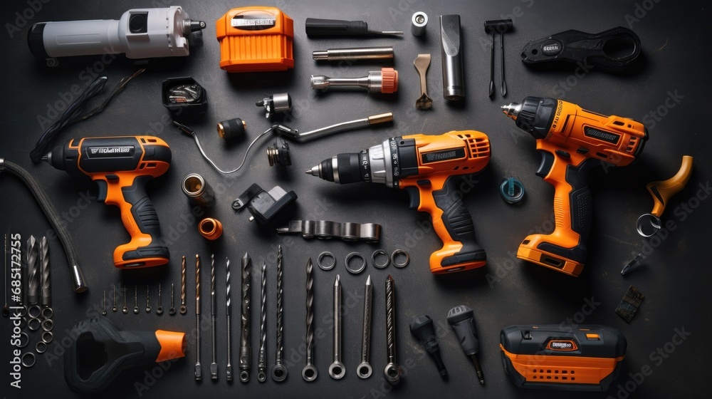 flat lay of engineer mechanic power tools on the table flat lay of engineer mechanic power tools on the table
