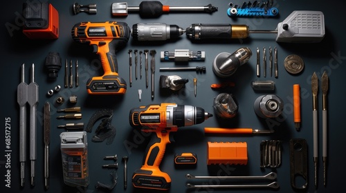 flat lay of engineer mechanic power tools on the table