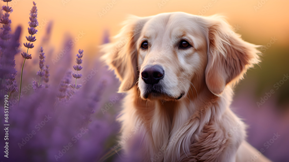 Heartwarming image of a loyal dog sitting patiently, with a soft lavender background providing a calming atmosphere