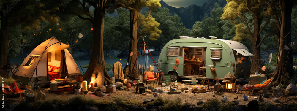 Naklejka premium Caravane et tente de camping en jouet vintage