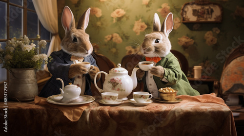 Peluche de lapins prenant le thé à Pâques © HKTR-atelier
