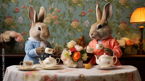 Peluche de lapins prenant le thé à Pâques © HKTR-atelier