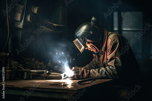 Generative AI image of a welder working in a dim workshop photo