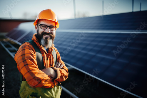 Generative AI image of confident worker at solar panel site