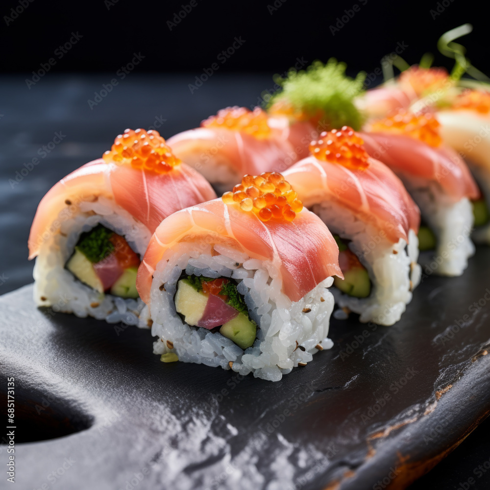Japanese sushi on a dark background close up Japanese sushi on a dark background close up