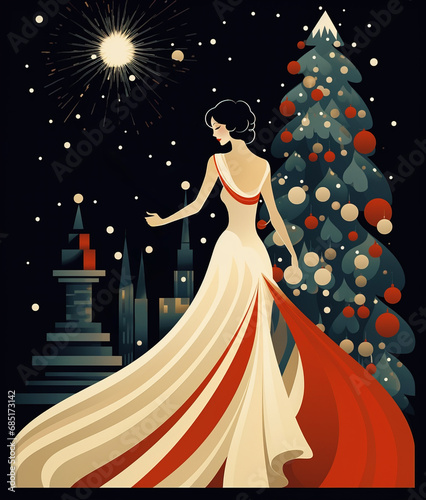 Woman and Christmas tree, vintage style illustration 