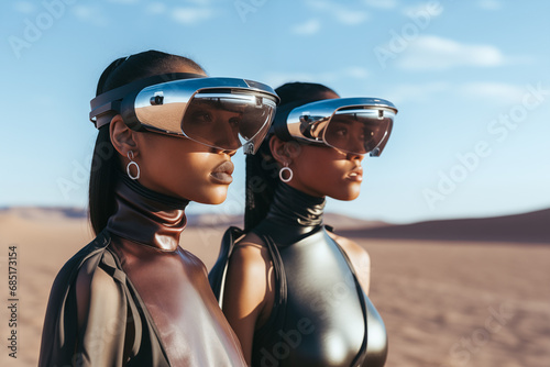 Generative AI image of futuristic black women with VR glasses in desert