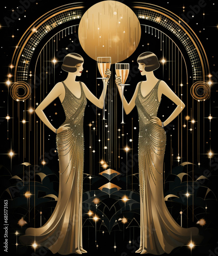 Two women holding glasses of champagne, Art Deco style illustration