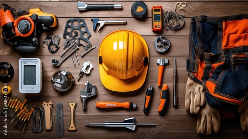 flat lay of engineer mechanic power tools on the table