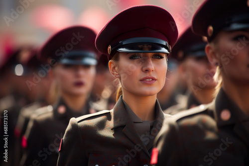 Generative AI image of female soldier in uniform with unit in parade photo