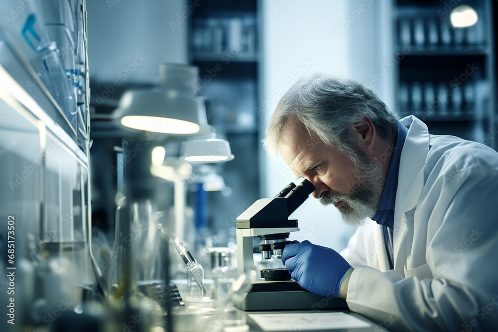 Generative AI depiction of a scientist using a microscope in a lab Generative AI depiction of a scientist using a microscope in a lab