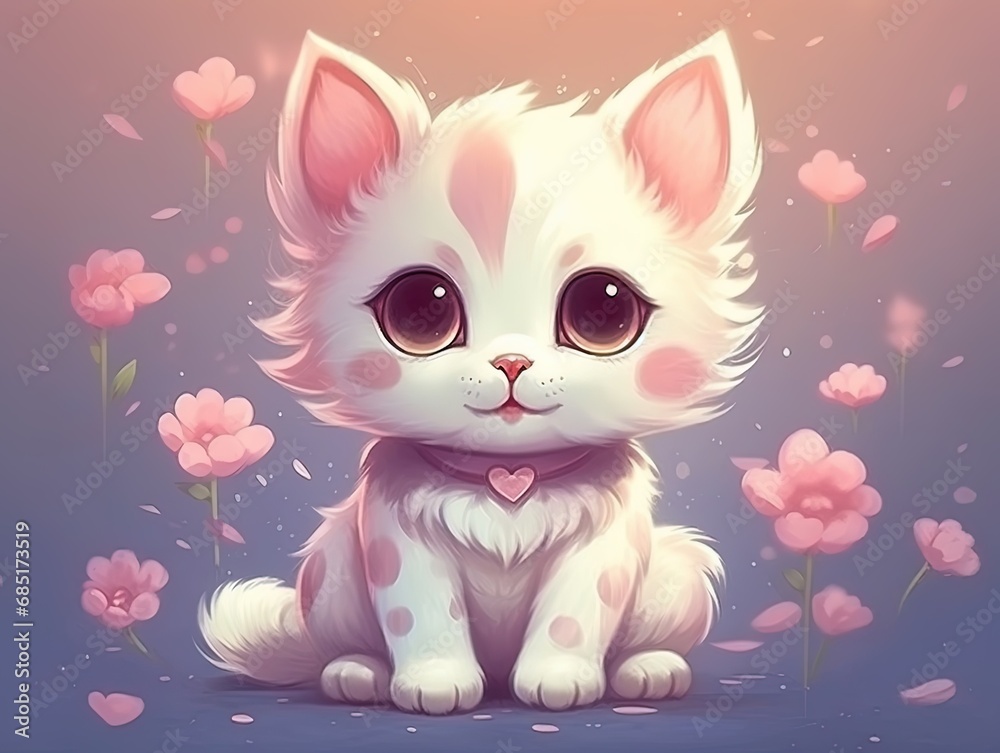 Adorable poster or cartoon of a cute kitten drawn with big eyes looking forward.