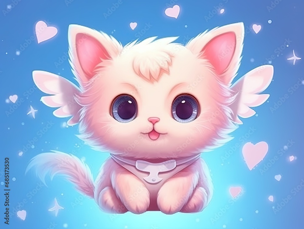 Adorable poster or cartoon of a cute kitten drawn with big eyes looking forward.