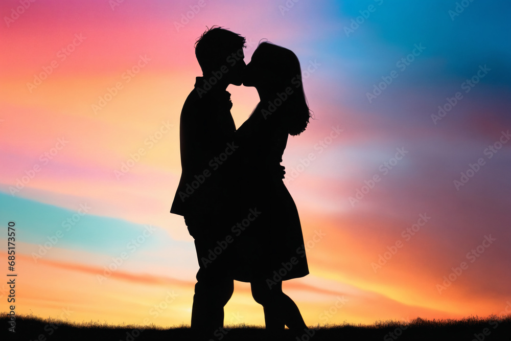 2D silhouette of a couple sharing a kiss against a colourful sunset