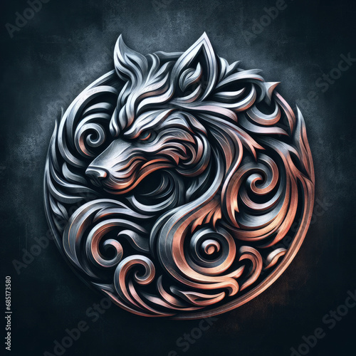 3d wolf logo carving and engraving on dark background
