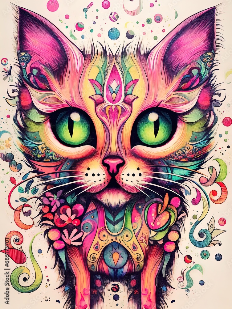Poster of a cat drawn with floral shapes, petals and multiple colors.