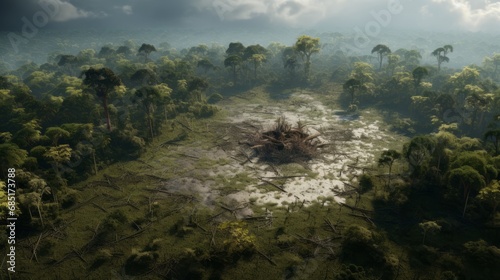 The drone captures a devastating aerial view of illegal deforestation and rampant destruction of the rainforest, causing irreparable damage to the forest ecosystem. photo