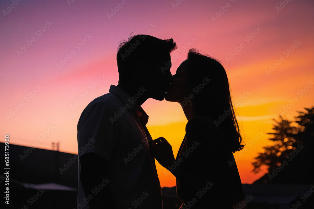2D silhouette of a couple sharing a kiss against a colourful sunset