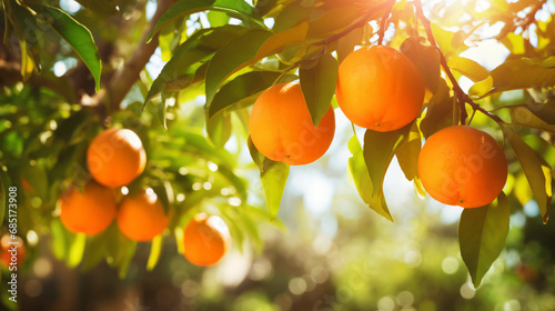 Orange garden in sunny day. Fresh ripe oranges hongi photo