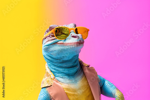 Generative AI image of stylish gecko with sunglasses photo