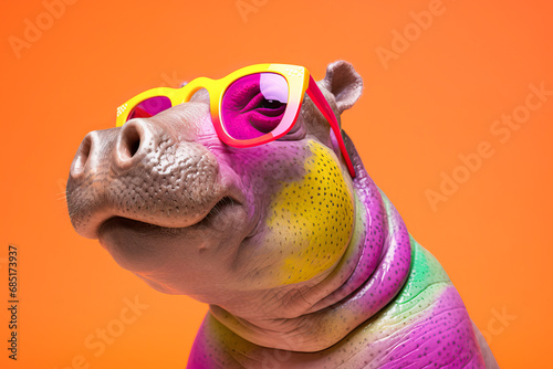 Generative AI image of a colorful hippopotamus with sunglasses photo