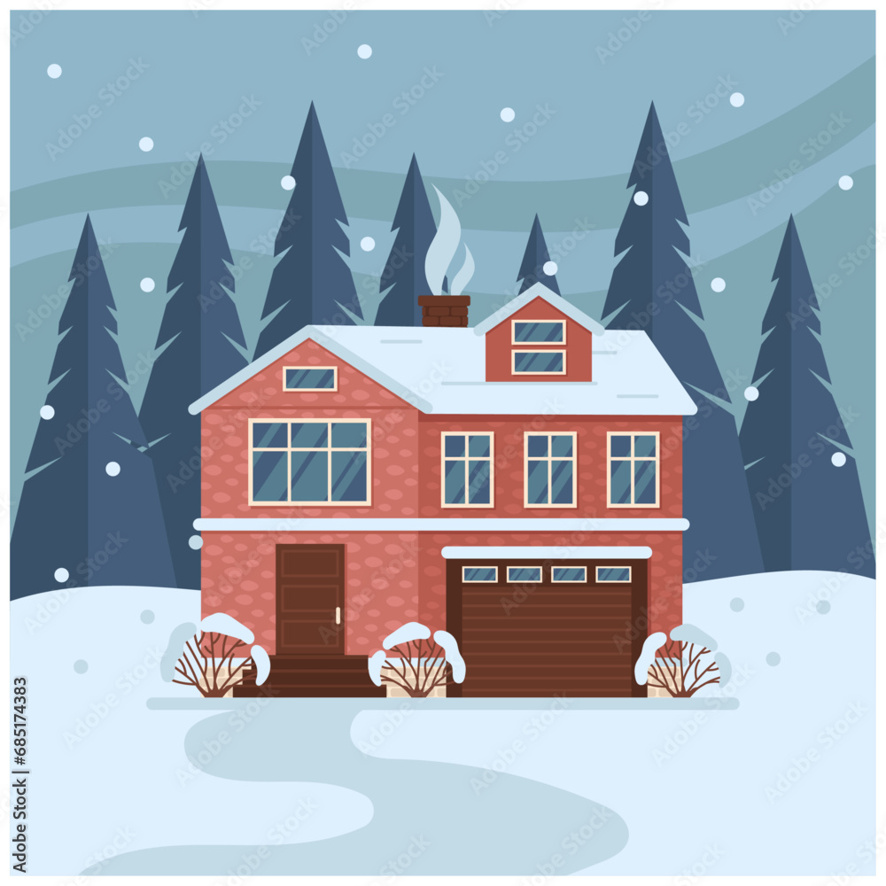 Residential house in the forest. Trees and snowfall in the background. Square illustration. Vector graphic.