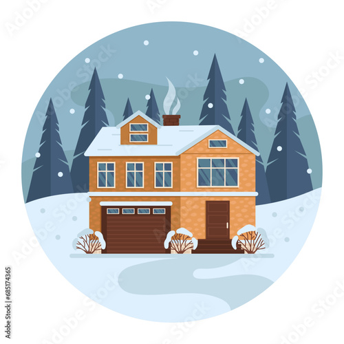 Residential house in the forest. Trees and snowfall in the background. Illustration in the shape of a circle. Vector graphic.