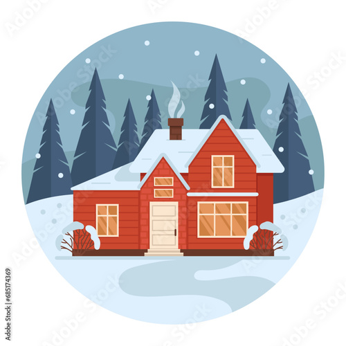 Residential house in the forest. Trees and snowfall in the background. Illustration in the shape of a circle. Vector graphic.