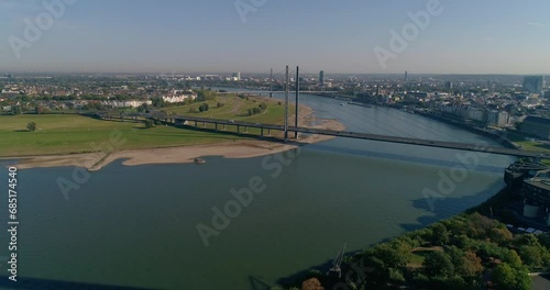 Waterway Rhine: Aerial view of the important ship and transportation infrastructure in Dusseldorf, germany