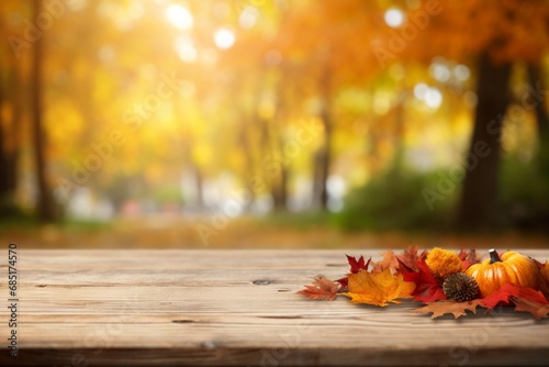 Wooden Table Covered in Colorful Autumn Leaves