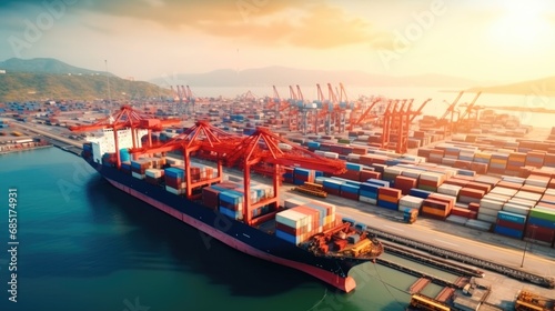 aerial view of Logistics and transportation of Container Cargo ship with working crane bridge in shipyard , logistic import export and transport industry background