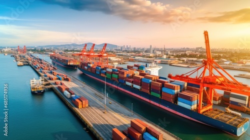 aerial view of Logistics and transportation of Container Cargo ship with working crane bridge in shipyard , logistic import export and transport industry background