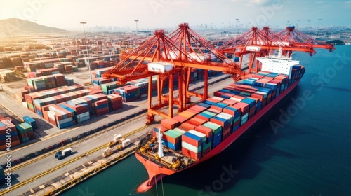 aerial view of Logistics and transportation of Container Cargo ship with working crane bridge in shipyard , logistic import export and transport industry background