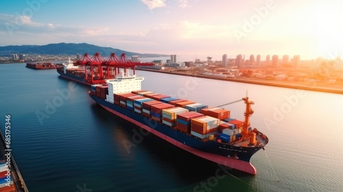 aerial view of Logistics and transportation of Container Cargo ship with working crane bridge in shipyard , logistic import export and transport industry background © kittikunfoto