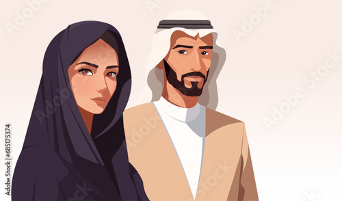 Arabian man and woman portrait, traditional muslim female and male character. Saudi national wear. Islamic young family. Beard and mustache. Lovely couple. Vector illustration