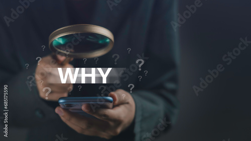 Cuadro en lienzo "WHY" text focus by magnifying glass question mark be around