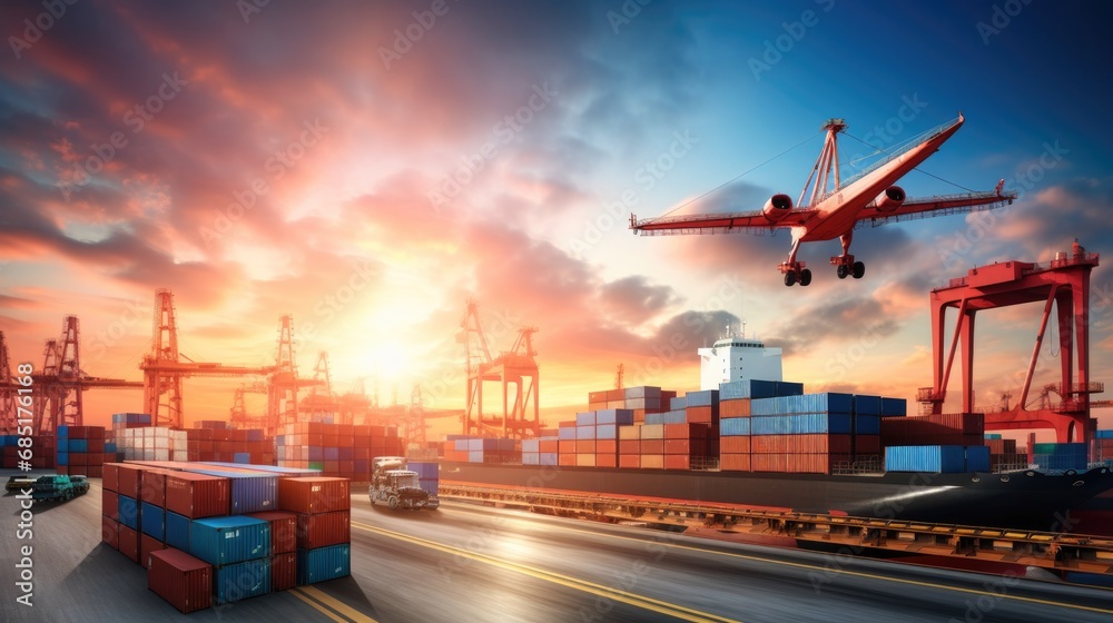 Fototapeta premium aerial view of Logistics and transportation of Container Cargo ship with working crane bridge in shipyard , logistic import export and transport industry background
