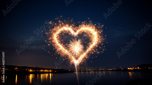 heart shaped fireworks over a lake in the night