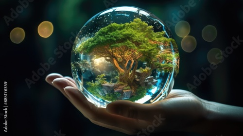 crystal glass globe ball and green energy in hand saving the environment