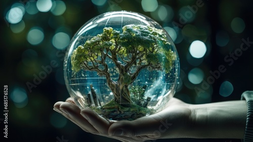 crystal glass globe ball and green energy in hand saving the environment