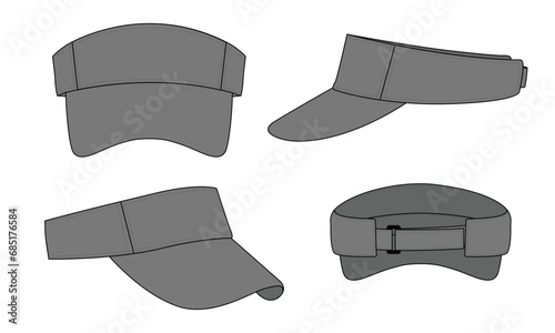 Blank Gray Sun Visor Cap With Adjustable Ring and Hook-Loop Strap Template on White Background, Vector File.