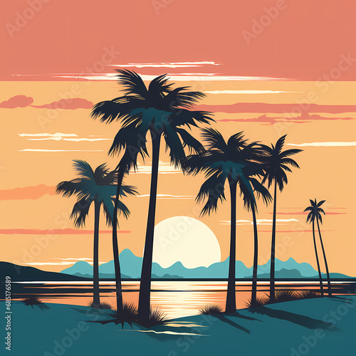 a minimalist coastal scene with a row of palm trees and a vibrant sunset