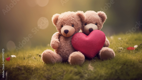 Two stuffed plush bears holding a heart and sitting in the grass photo