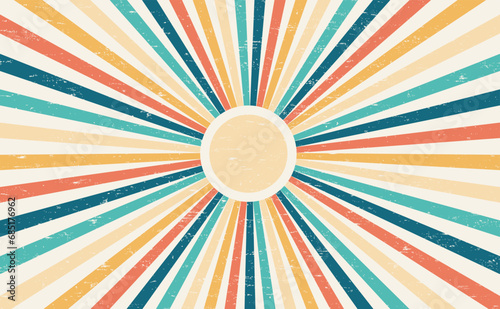 Abstract Colorful vintage 60s and 70s Hippie Retro Minimal stylish Sun and rainbow swirl pattern wallpaper background of rainbow groovy Wavy Line design with dirty texture.