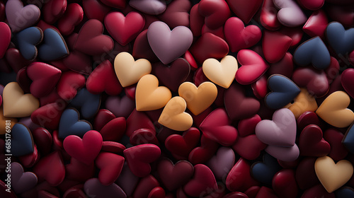 Festive abstract background with hearts. Atmospheric background of colored candy in heart shape.
