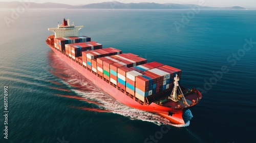 aerial top view of a container ship in the ocean, serving as a vital link for global business logistics, freight shipping,