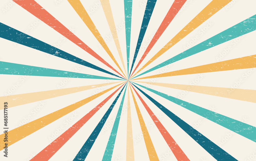 Fototapeta premium Abstract Colorful vintage 60s and 70s Hippie Retro Minimal stylish Sun and rainbow swirl pattern wallpaper background of rainbow groovy Wavy Line design with dirty texture.